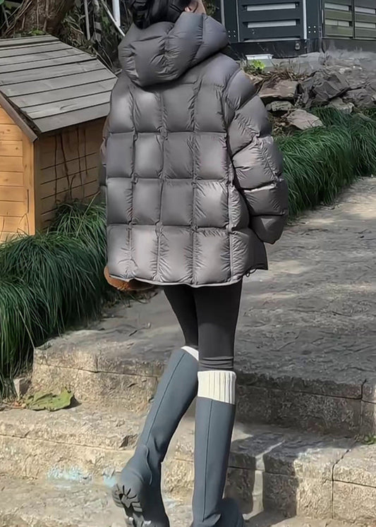Dark Gray Plaid Drawstring Duck Down Winter Puffer Coat Hooded