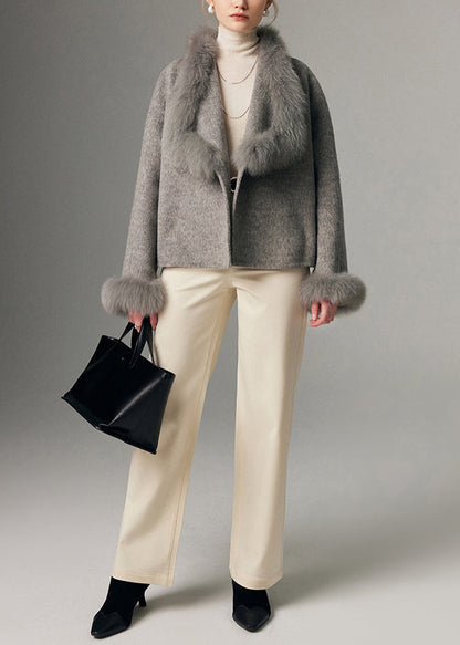 Grey Oversized Patchwork Fox Fur Wool Cardigan Winter