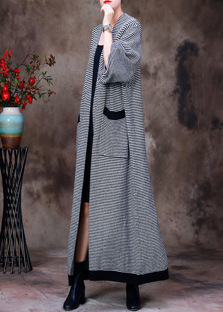 White V Neck Pockets Striped Knit Trench Coats Long Sleeve