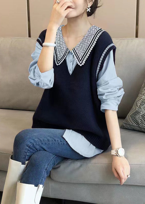 Stylish Blue Peter Pan Collar Shirts and Vest Knit Two Piece Suit Set Fall