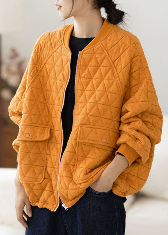 Modern Yellow O-neck Pockets Plaid Patchwork Fleece Coat Fall