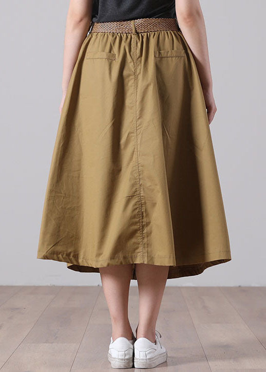 French Color Khaki Elastic Waist Pockets Button Sashes Cotton a Line Skirts Summer