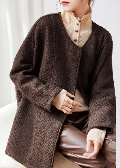 Coffee Button Patchwork Cozy Woolen Coat Fall