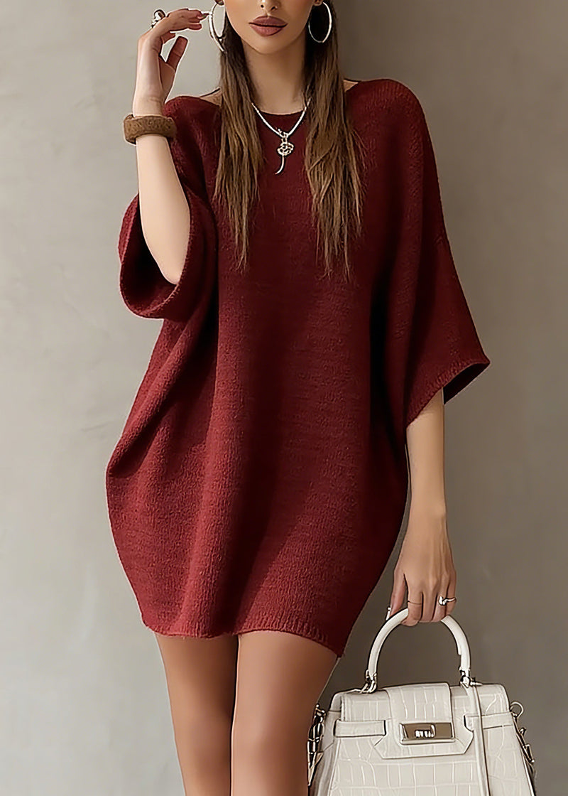 Red Slash Neck Knit Sweater Dress Batwing Sleeve