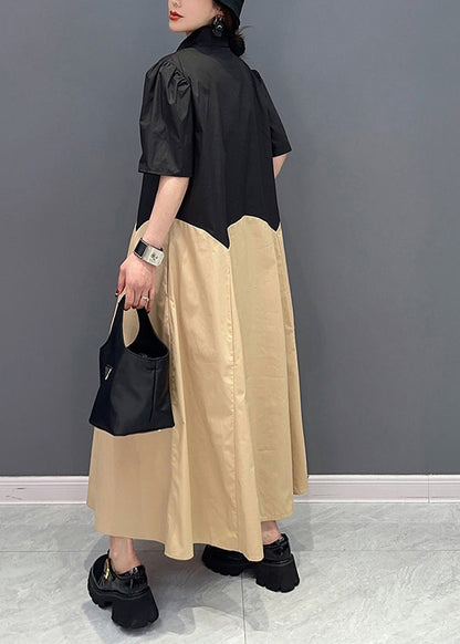 Khaki Peter Pan Collar Patchwork Cotton Maxi Dress Summer