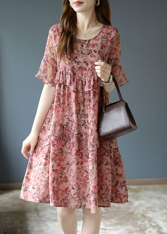Classy Pink O-neck Ruffles Patchwork Print Silk Dresses Petal Sleeve