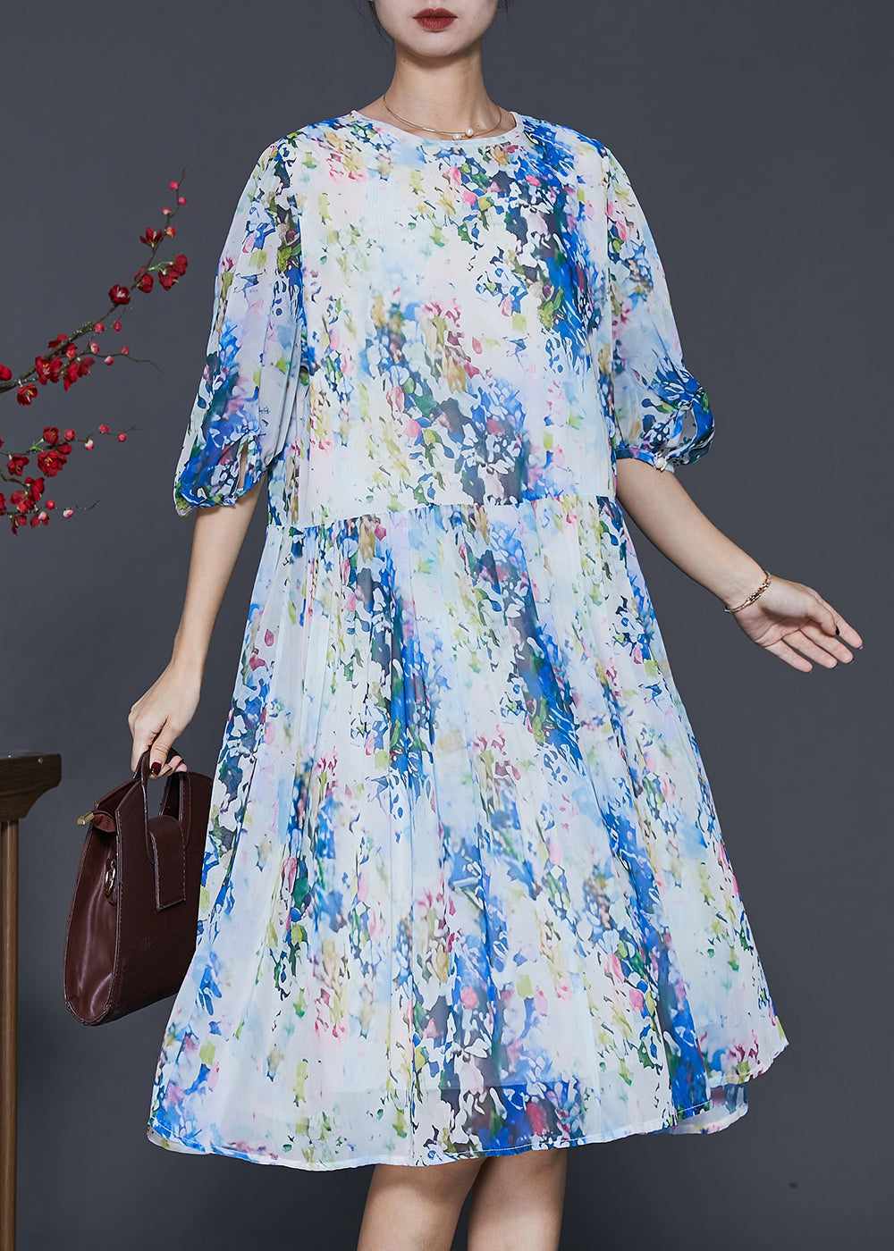 Blue Print Chiffon Mid Dress Lantern Sleeve