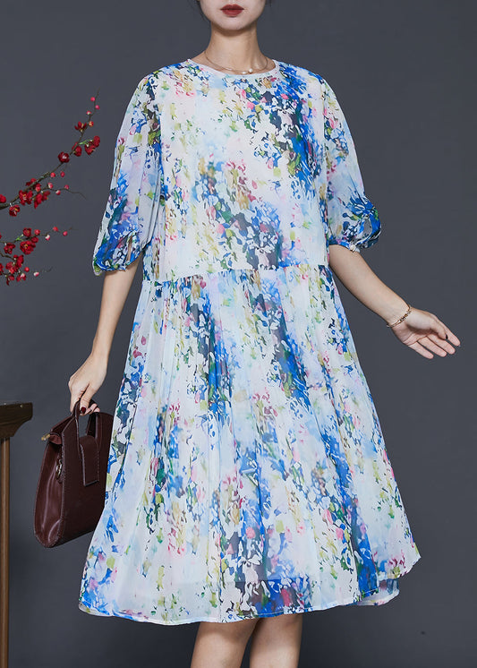 Blue Print Chiffon Mid Dress Lantern Sleeve