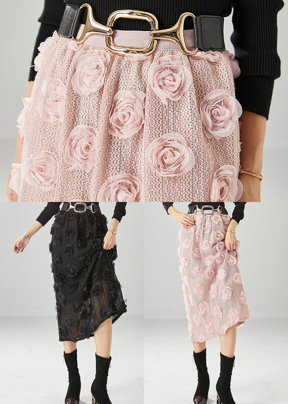 Diy Black High Waist Three-dimensional Knit Skirt Fall