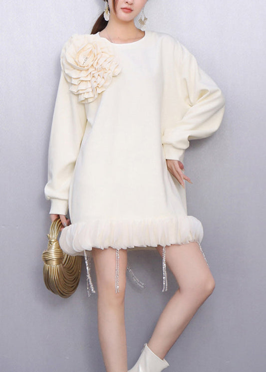 Fall Beige Decorated Crystal Tassel Patchwork Dress