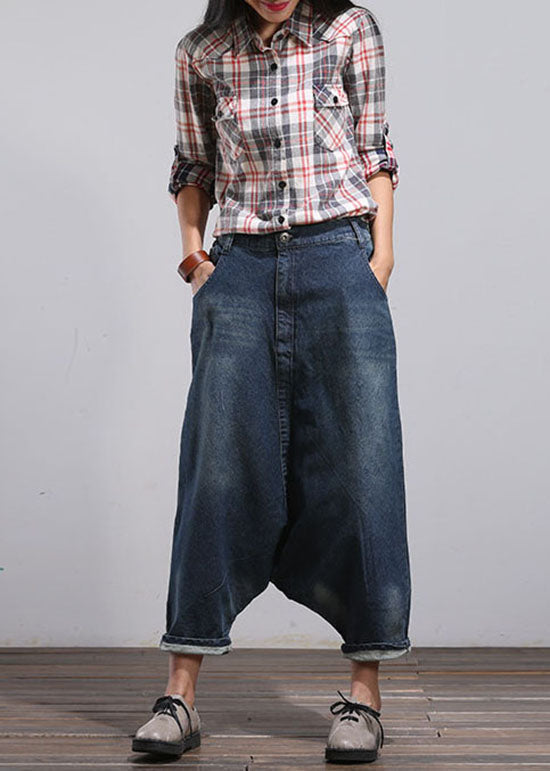 Blue Pockets Patchwork Denim Harem Pants Spring