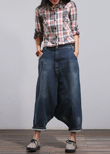 Blue Pockets Patchwork Denim Harem Pants Spring