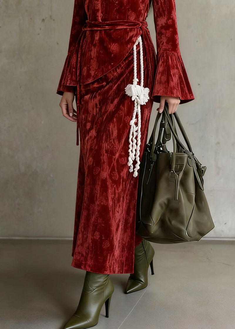 Slim Fit Red Asymmetrical Lace Up Silk Velvet Three Piece Set Flare Sleeve