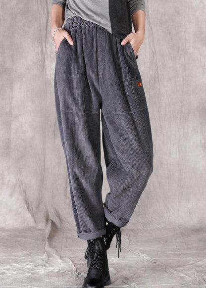 Grey Pockets Patchwork Elastic Waist Corduroy Pants Fall