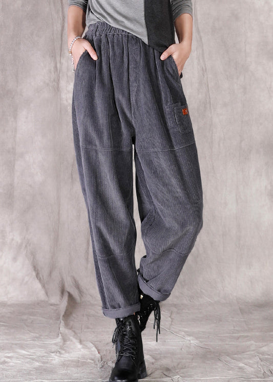 Grey Pockets Patchwork Elastic Waist Corduroy Pants Fall