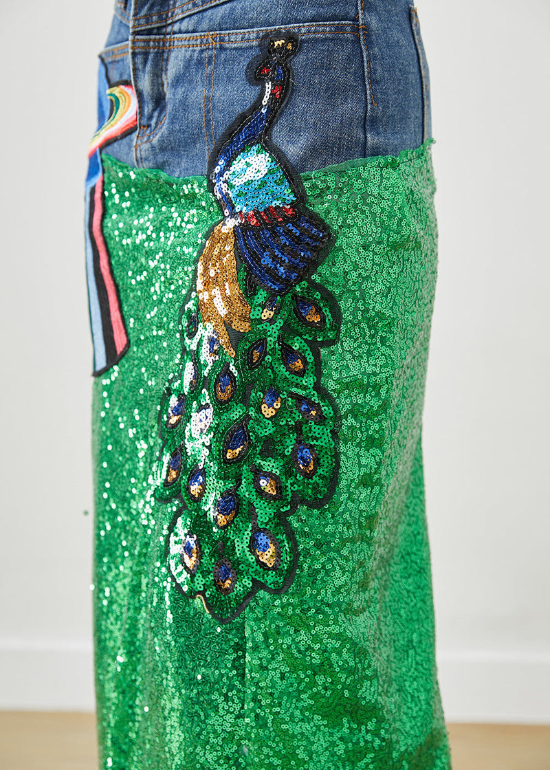 Diy Peacock Embroideried Patchwork Sequins Denim Skirt Fall