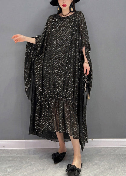 Loose Black O-neck Asymmetrical Dot Chiffon Vacation Dresses Batwing Sleeve