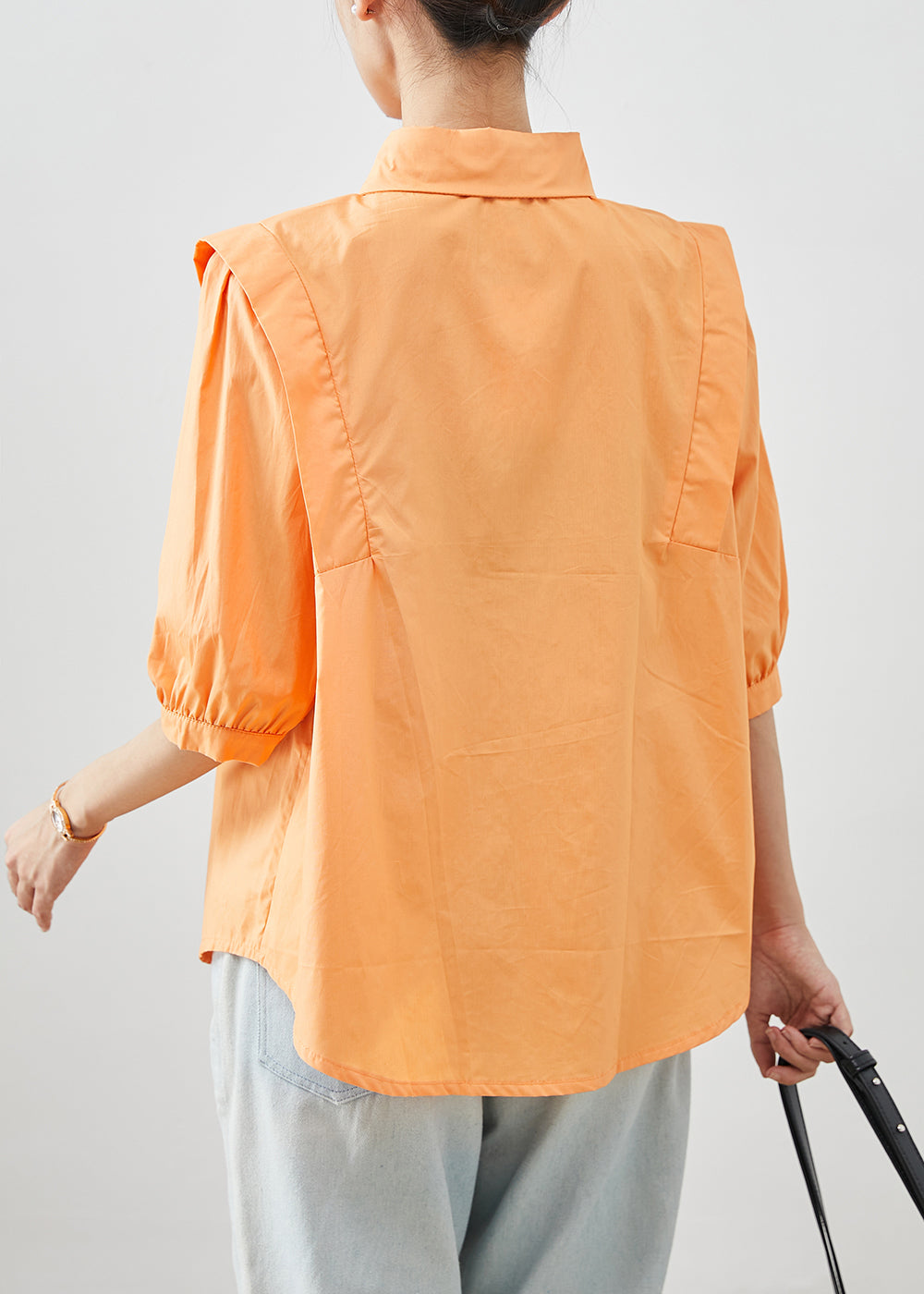 Orange Peter Pan Collar Patchwork Cotton Shirts Half Sleeve