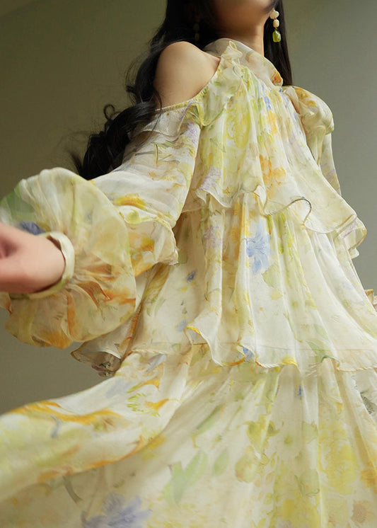 Yellow Turtleneck Cold Shoulder Party Maxi Cake Dress Fall