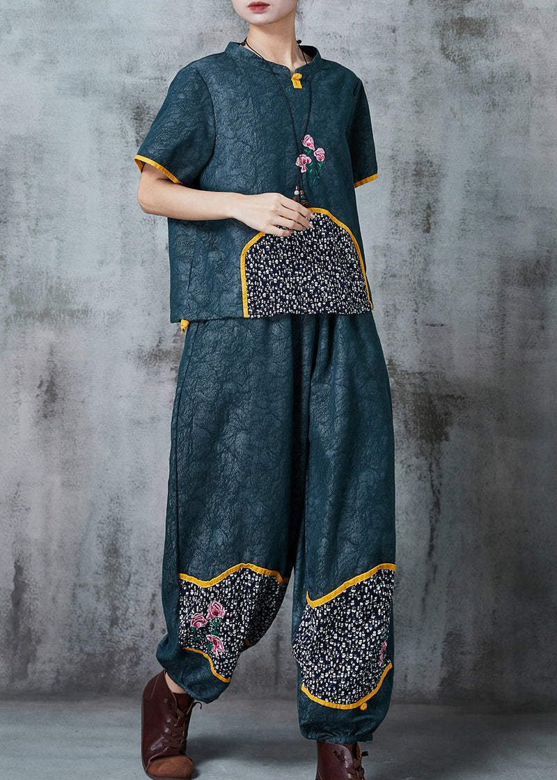 Green Embroidered Patchwork Oriental Two-piece Set Summer