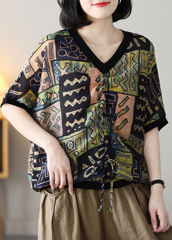 Green V Neck Geometric Print Linen Tanks Short Sleeve