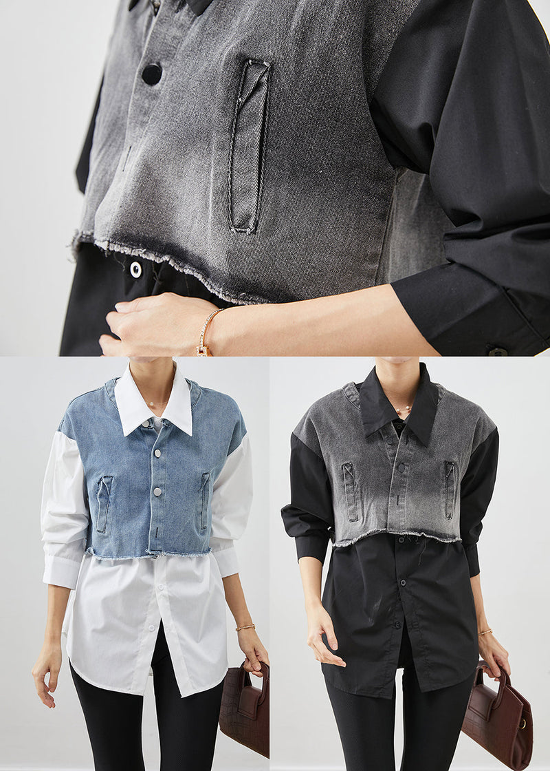 Modern Blue Oversized Patchwork Cotton Fake Two Piece Blouses Fall