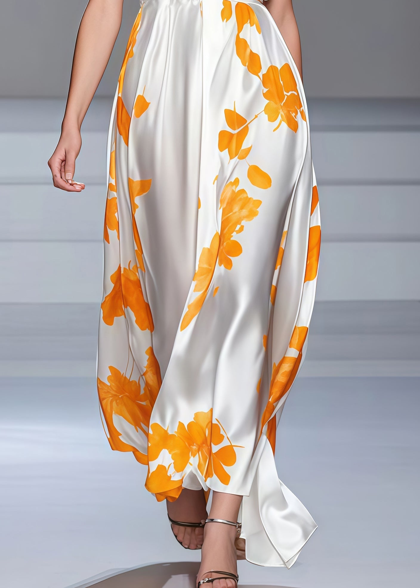 Classy White V Neck Print Silk Long Dress Sleeveless