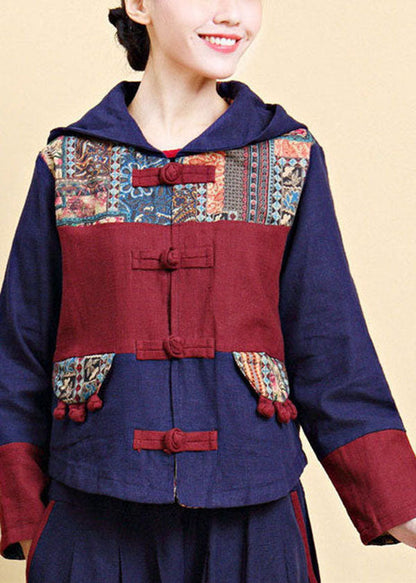 Blue Hooded Patchwork Oriental Button Linen Jacket Fall