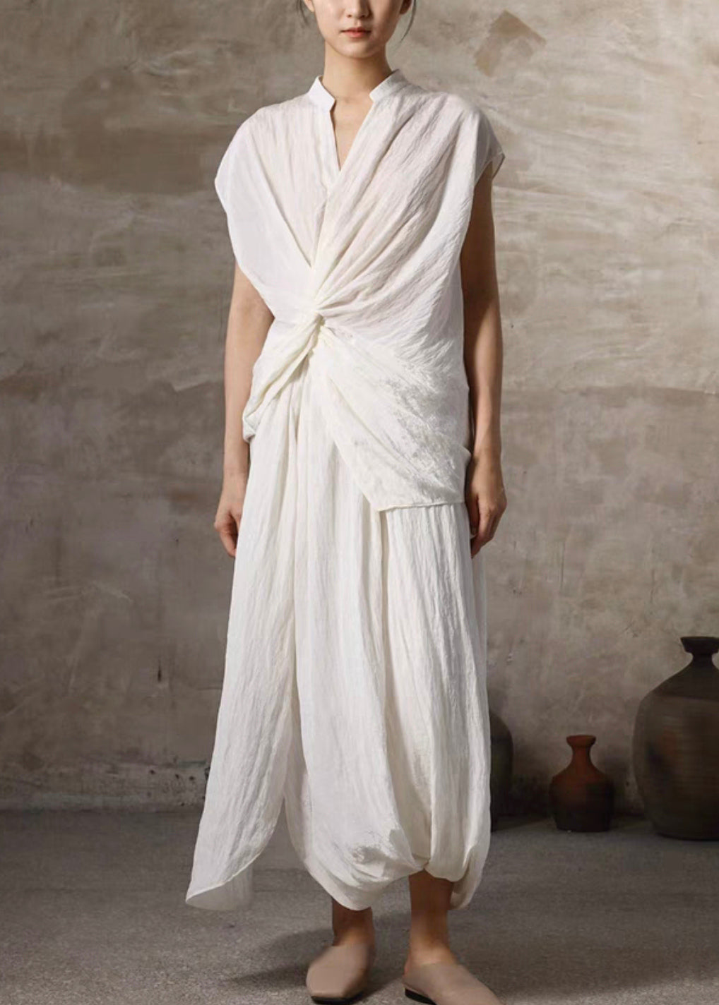 Beige Wrinkled Pockets Linen Two Pieces Set Summer