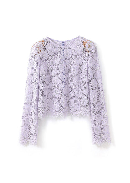 French Purple O Neck Hollow Out Lace Top Fall