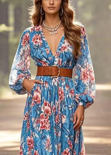 Art Blue Cinched Cotton Ankle Dress Spring