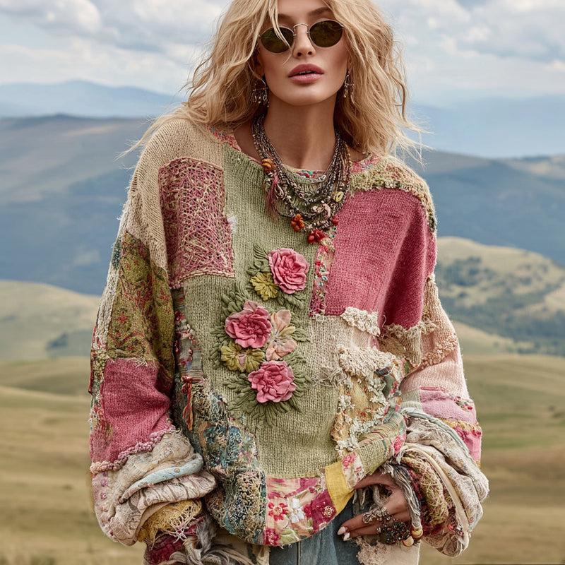 Cotton Sweater with Mixed Print Floral Colorblock