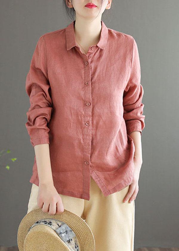 Pink Loose Button Summer Linen Long Sleeve Blouse Top