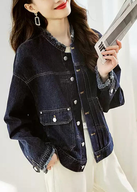 Dark Blue O-neck Pockets Patchwork Denim Coats Fall
