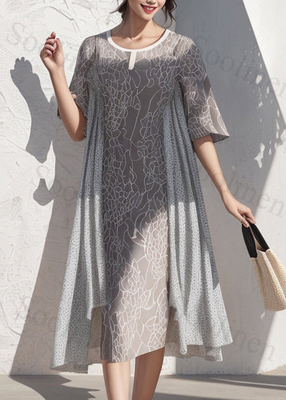 French Grey O Neck Print Patchwork Silk Dress Short Sleeve