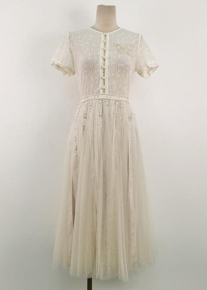 White Embroidered Hollow Out Tulle Long Dress Summer