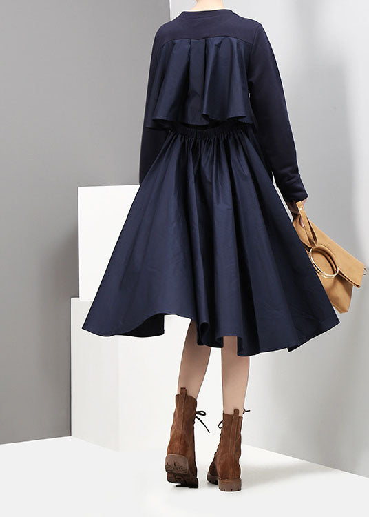 Italian Dark Blue O-neck Low High Design Cinched Vacation Dresses Spring
