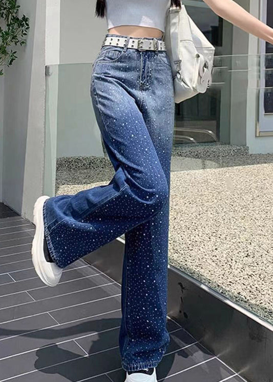 Blue Pockets Patchwork Zircon Straight Jeans