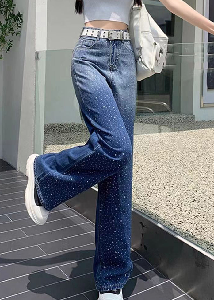 Blue Pockets Patchwork Zircon Straight Jeans
