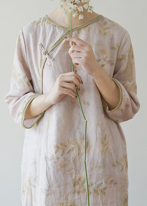 Light Pink O-neck Side Open Print Linen Dresses Three Quarter Sleeve