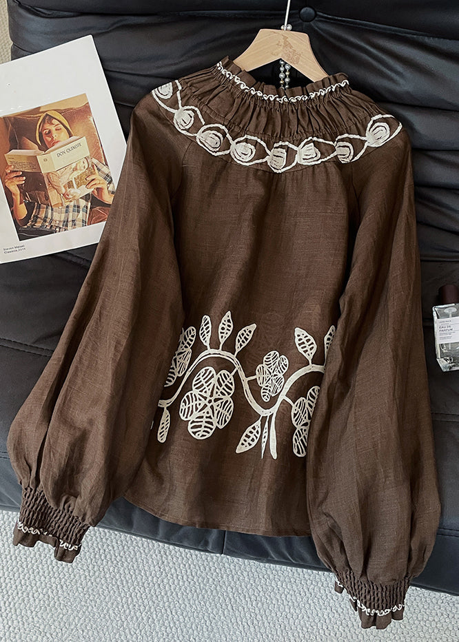 Coffee Embroidered Wrinkled Cotton Blouses Fall