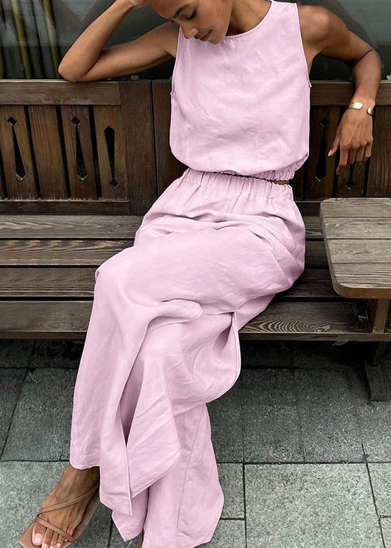 Pink Silm Fit Linen Vests and Side Open Straight Pants Two-piece Set Summer