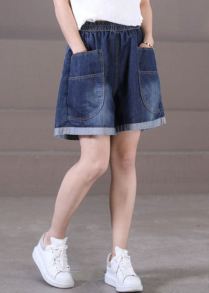 Denim Blue Elastic Waist Pockets Cotton Wide Leg Shorts Summer