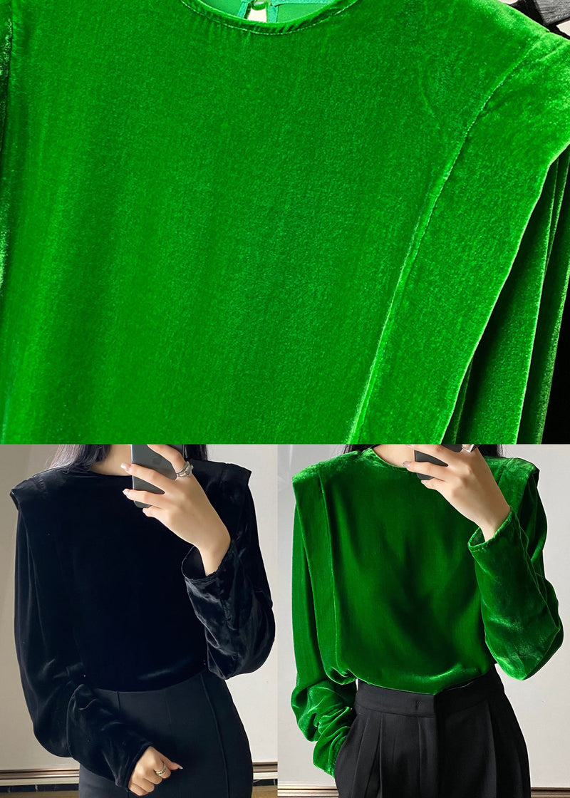 Black Button O-neck Silk Velour Tops Long Sleeve