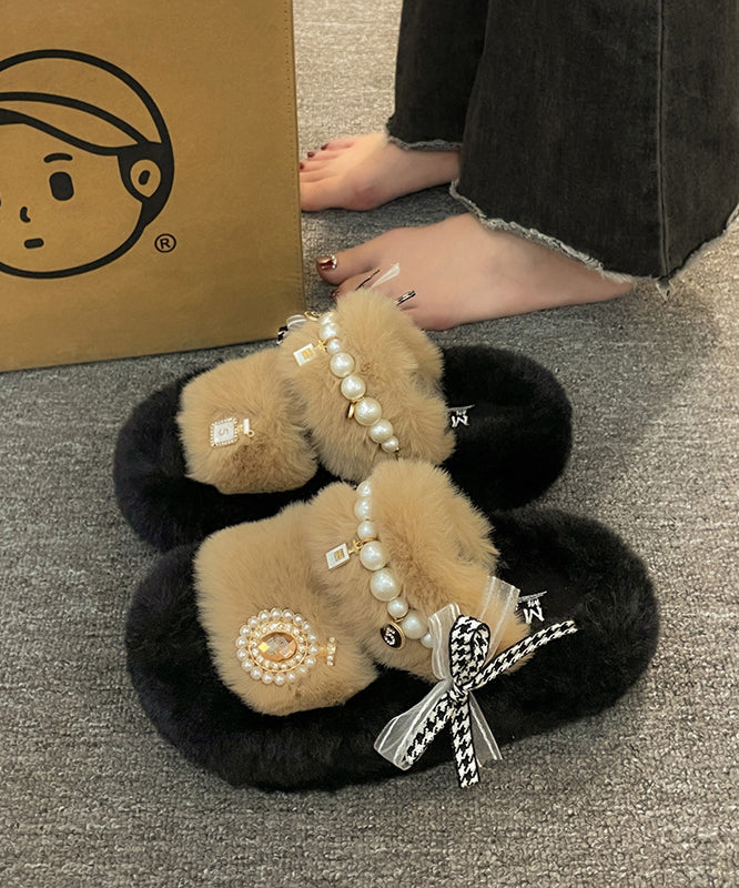 New Khaki Nail Bead Bow Platform Teddy Slide Sandals