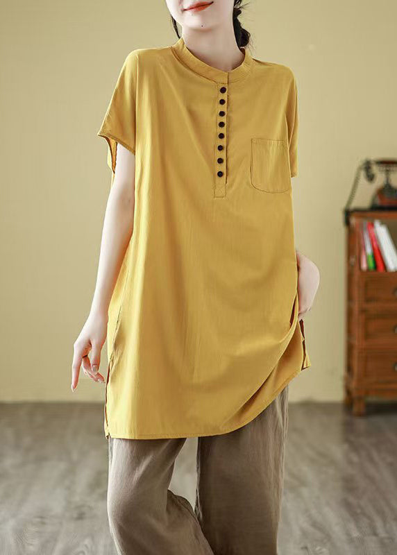 Simple Yellow Button Pockets Cotton T Shirt Short Sleeve