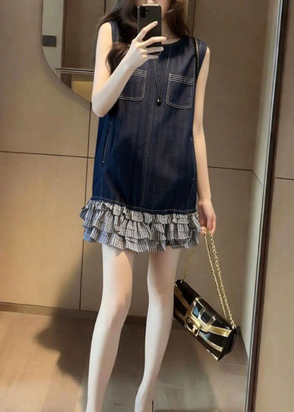 Navy Patchwork Denim Tea Dress Sleeveless