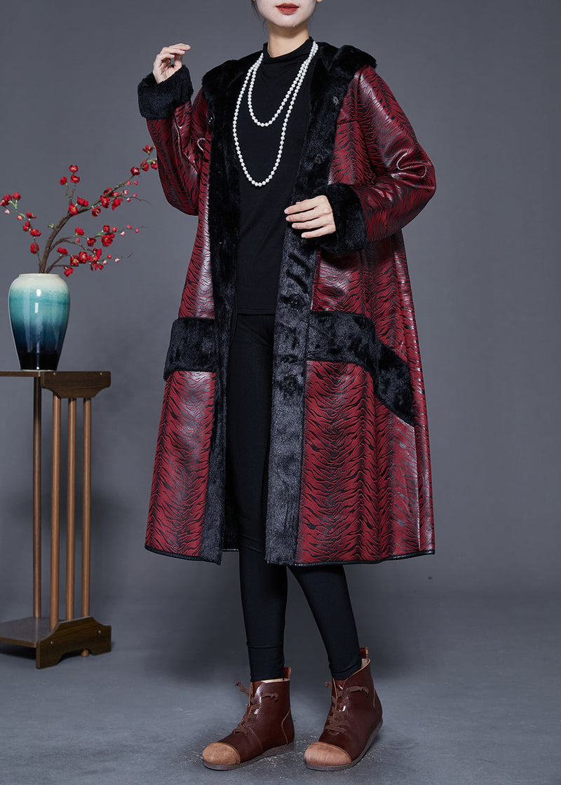 Dull Red Hooded Patchwork Warm Fleece Coats Winter