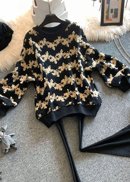Vertical Striped O-neck Patchwork Nail Bead Woolen Sweatshirts Long Sleeve