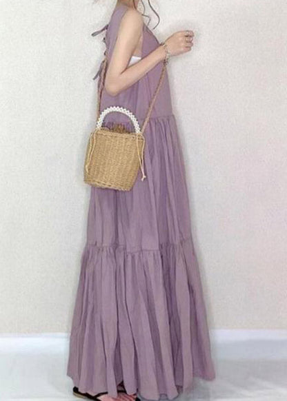 Art Purple O-neck Patchwork Wrinkled Cotton Long Dress Summer